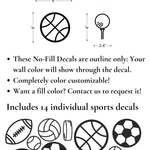 Simple Sports Decals set showing sizes for each sports decal, including football, basketball, volleyball, and hockey puck