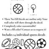 Simple Sports Decals set showing sizes for each sports decal, including football, basketball, volleyball, and hockey puck