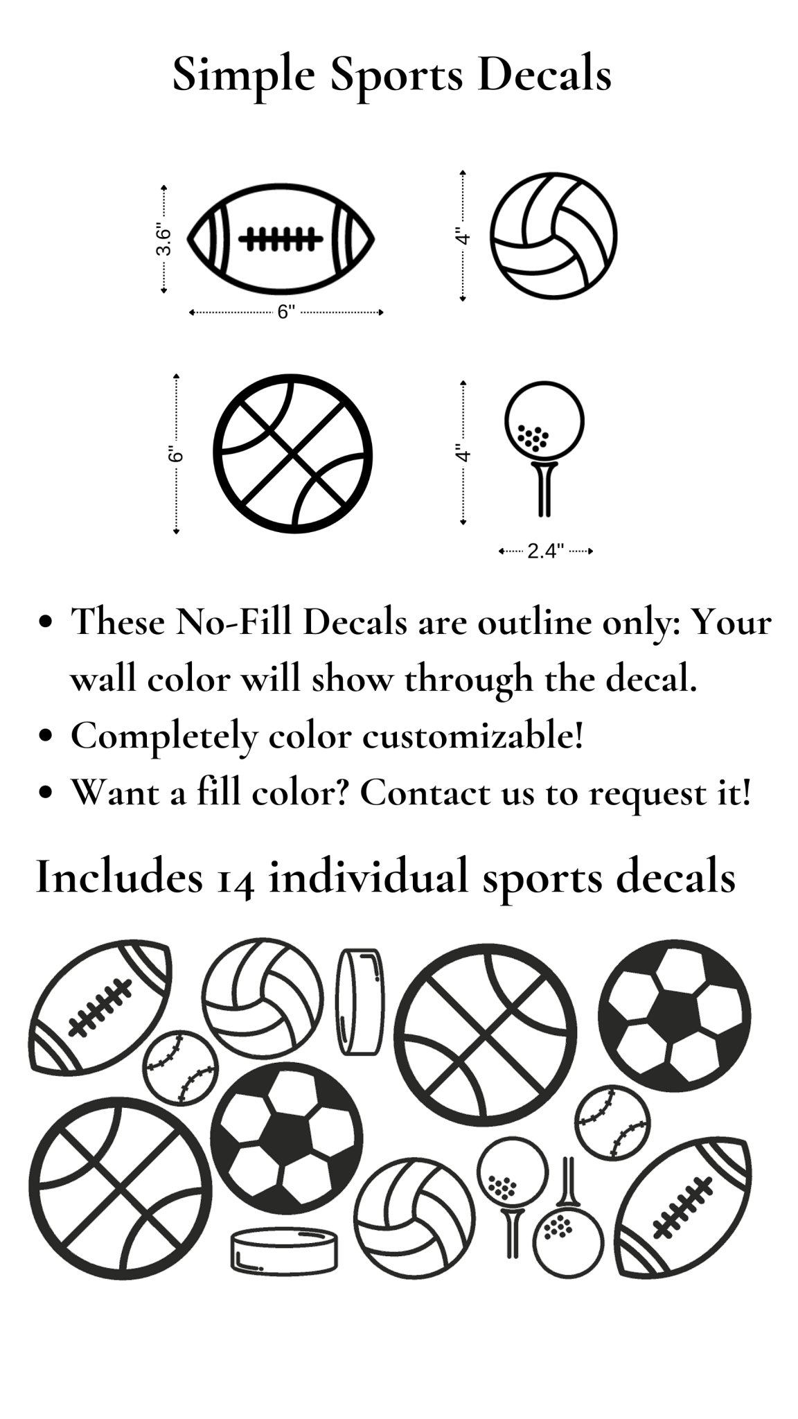 Simple Sports Decals set showing sizes for each sports decal, including football, basketball, volleyball, and hockey puck