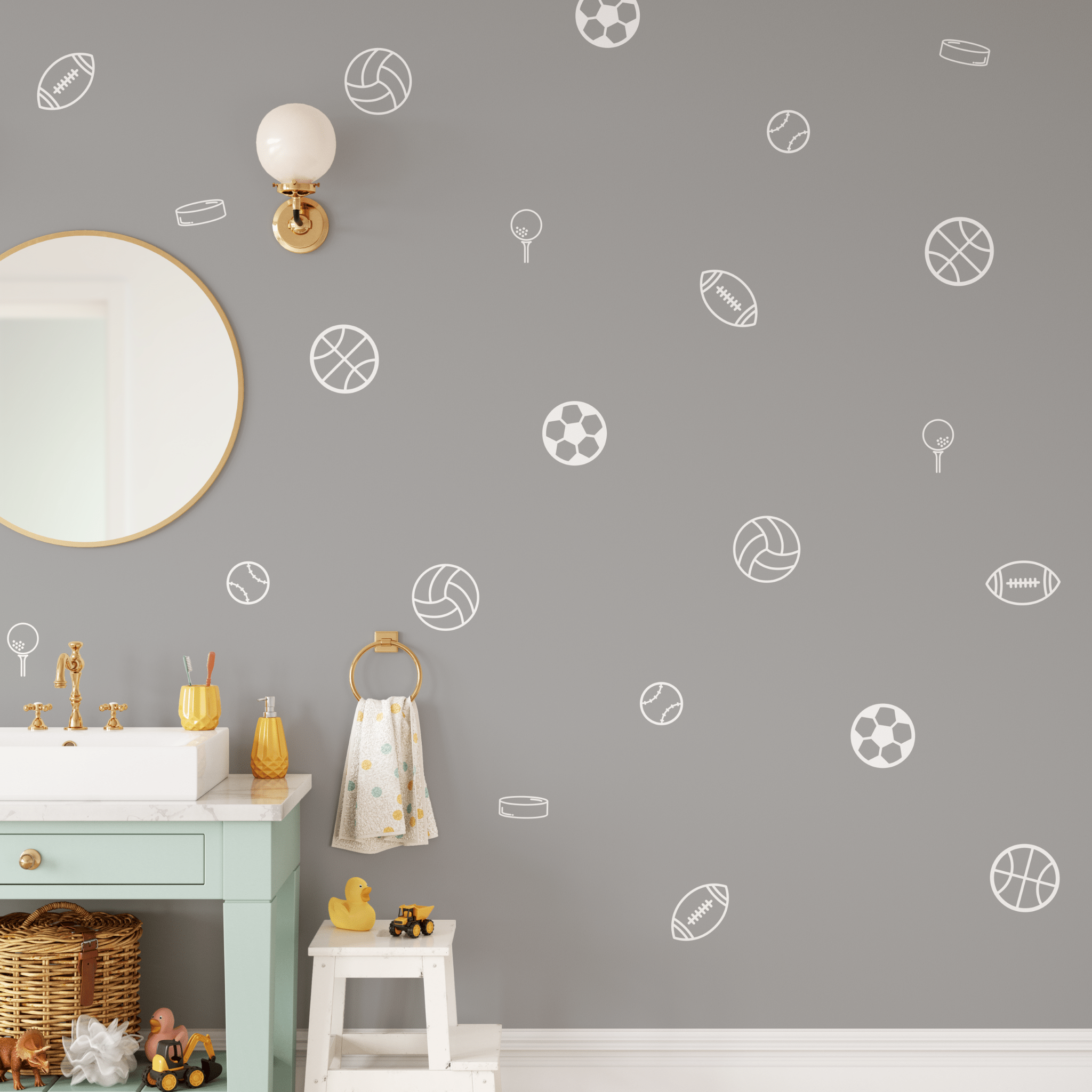 White sports-themed wall decals in a sports-themed bathroom decor setting