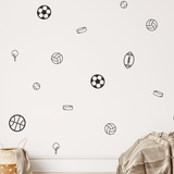 Simple sports wall decals in outline design on a white wall in a kids’ bedroom