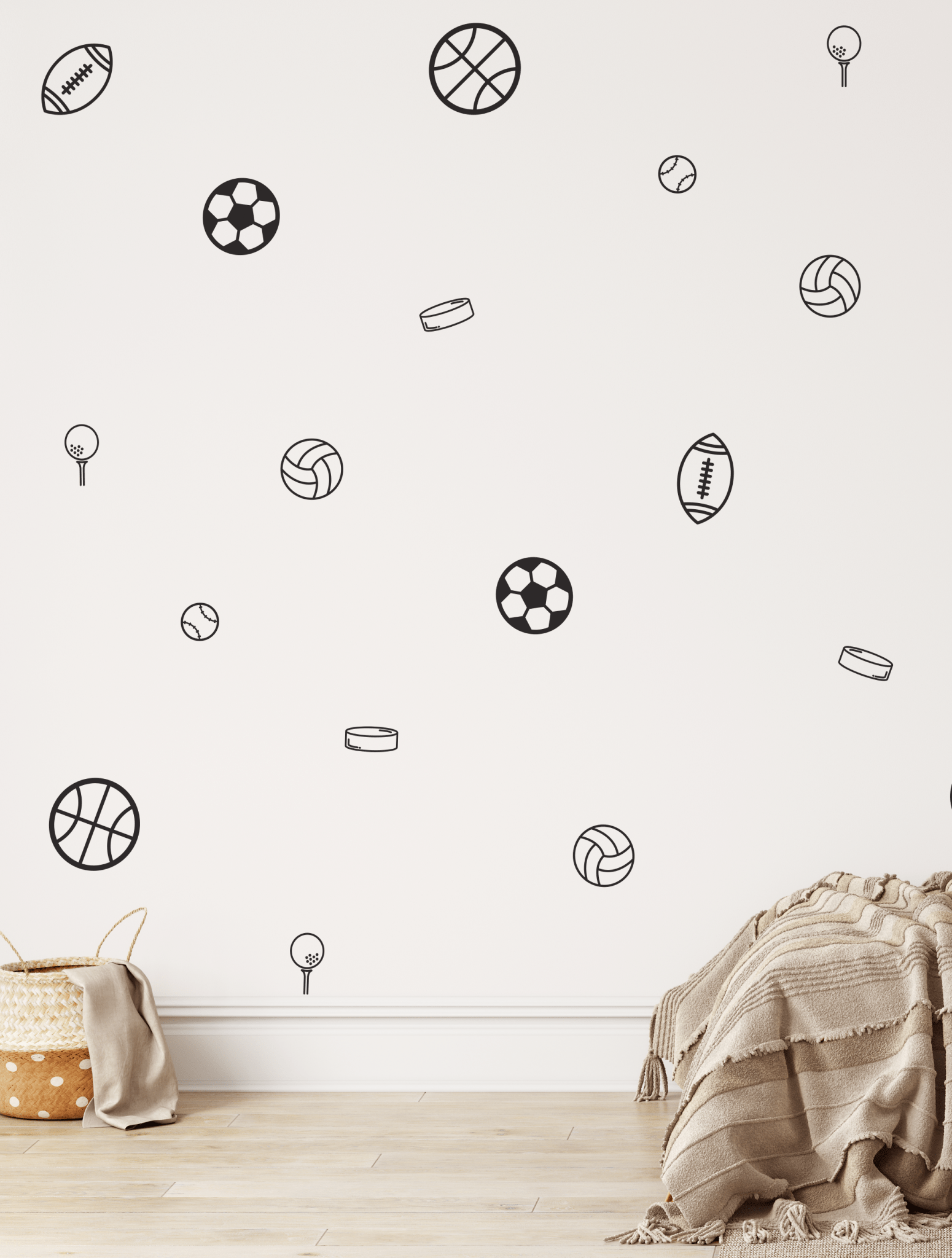 Simple sports wall decals in outline design on a white wall in a kids’ bedroom