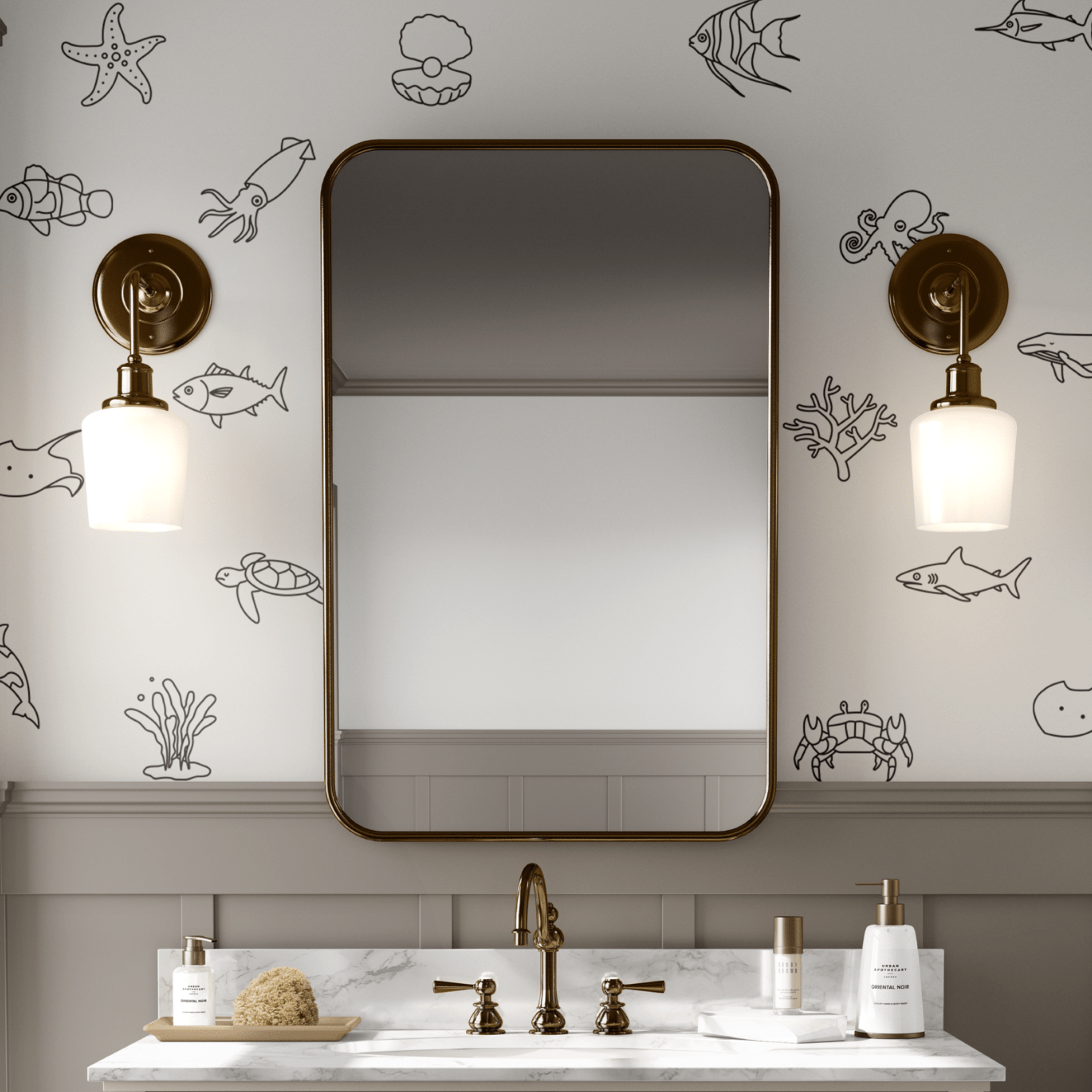 Minimalist bathroom featuring simple ocean animal wall decals in black outline, adding an elegant and whimsical underwater touch to the space."