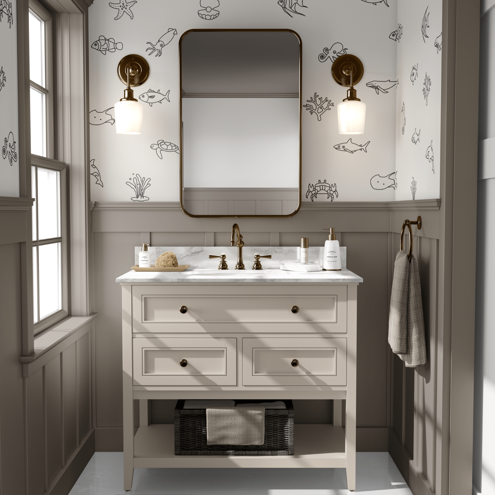 Sophisticated bathroom with removable ocean animal decals in a black outline, enhancing the space with a subtle and playful marine theme