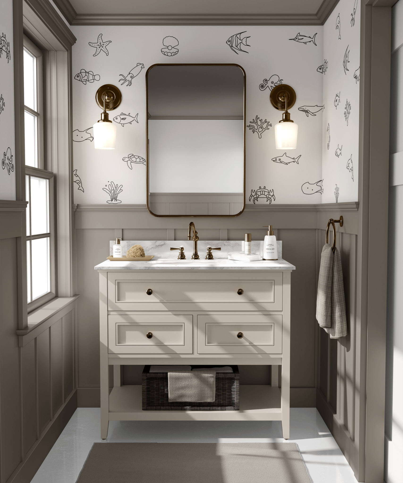 Sophisticated bathroom with removable ocean animal decals in a black outline, enhancing the space with a subtle and playful marine theme