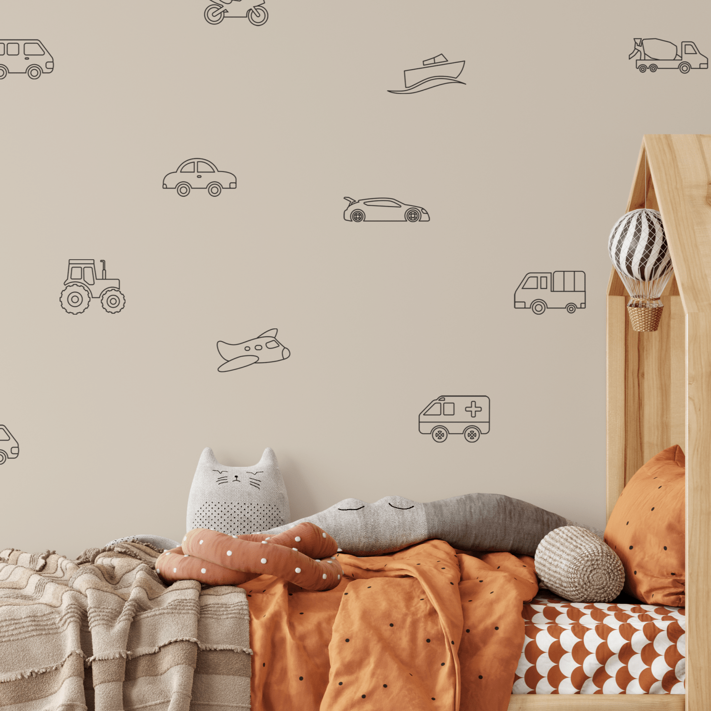 Customizable vehicle wall decals featuring simple outlines of cars, trucks, planes, and more, perfect for modern boys' bedroom decor