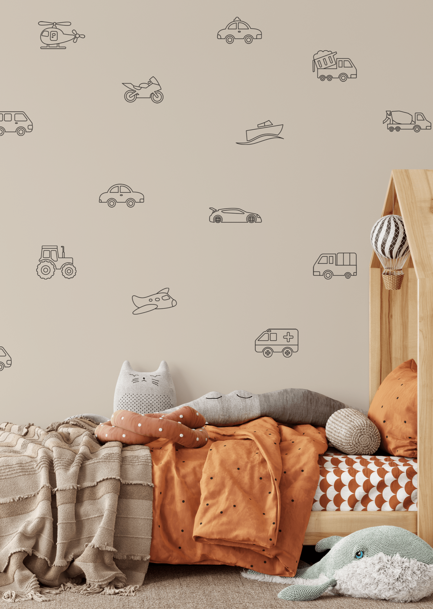 Customizable vehicle wall decals featuring simple outlines of cars, trucks, planes, and more, perfect for modern boys' bedroom decor