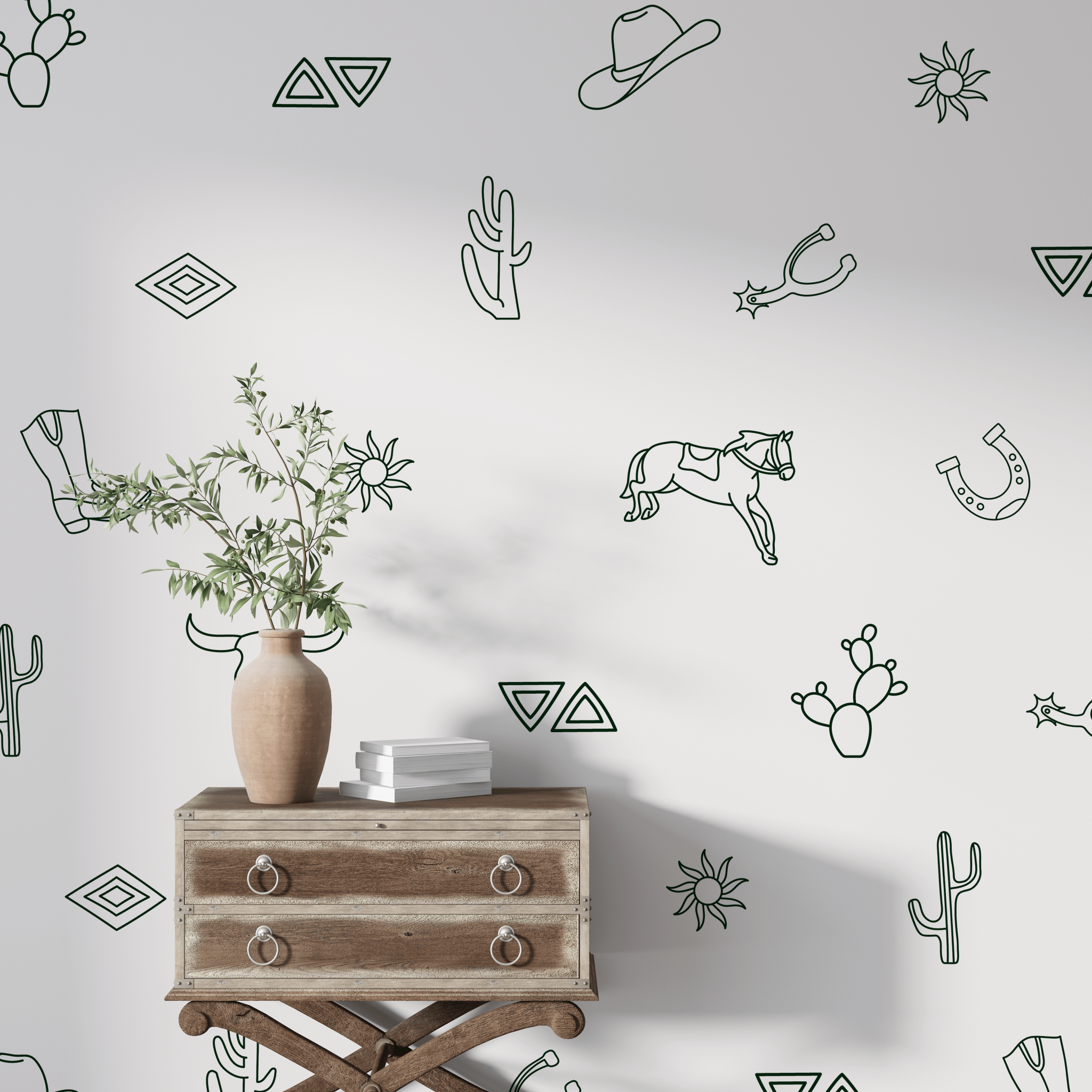 Rustic corner with vintage-style western decals in earthy tones, showing horse and cowboy motif outlines