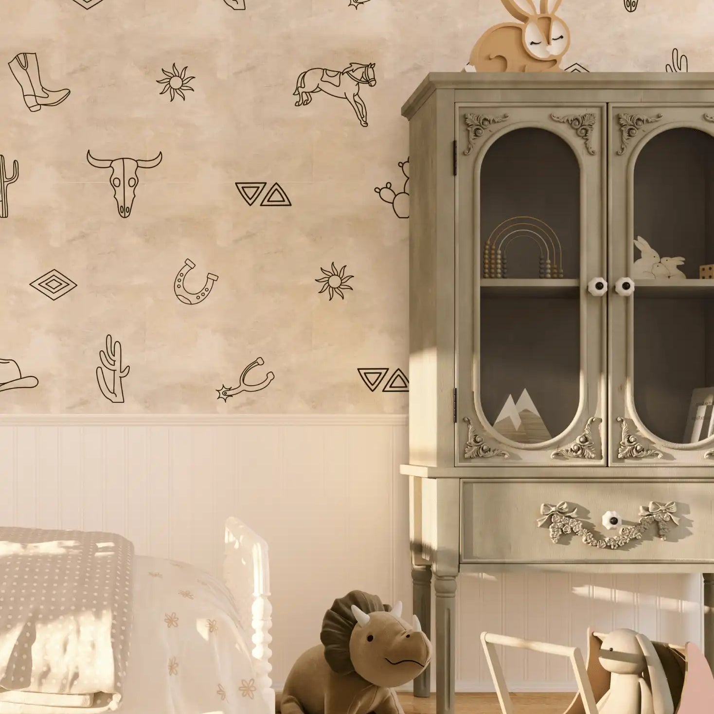 Neutral room with minimalist cowboy wall decals featuring horses, cowboy hats, cacti, and boots on a white wall