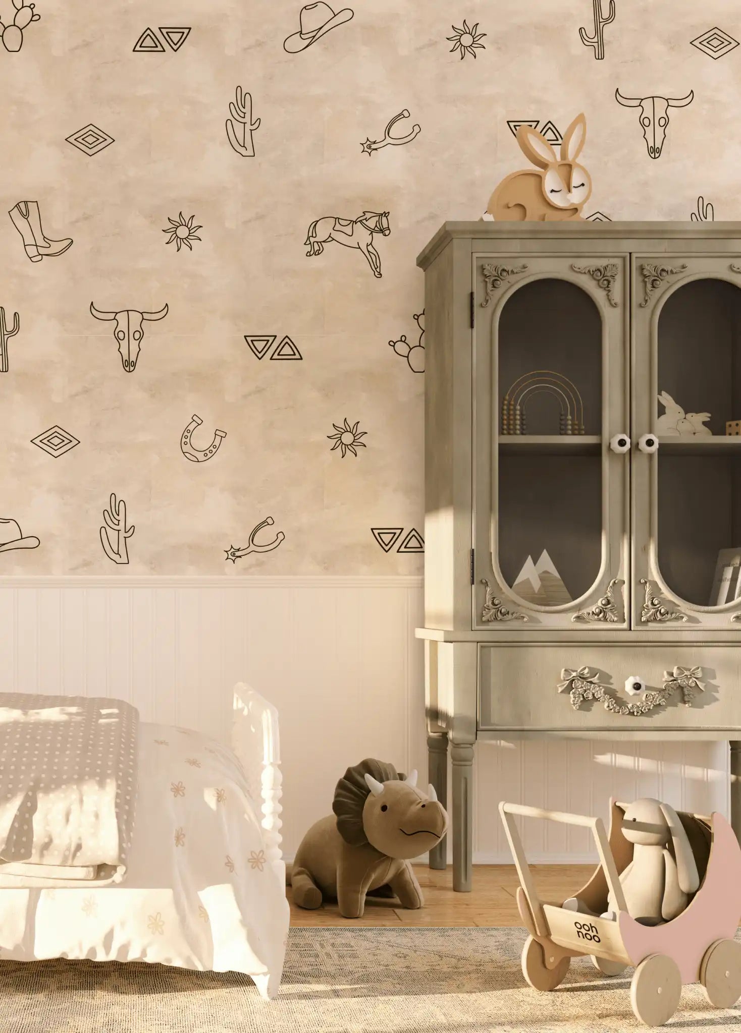 Neutral room with minimalist cowboy wall decals featuring horses, cowboy hats, cacti, and boots on a white wall