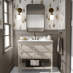 A beautifully styled bathroom with Duck Duck Goose wall decals scattered above beadboard wainscoting. The playful ducks and geese bring a delightful, vintage-inspired character to the neutral-toned space