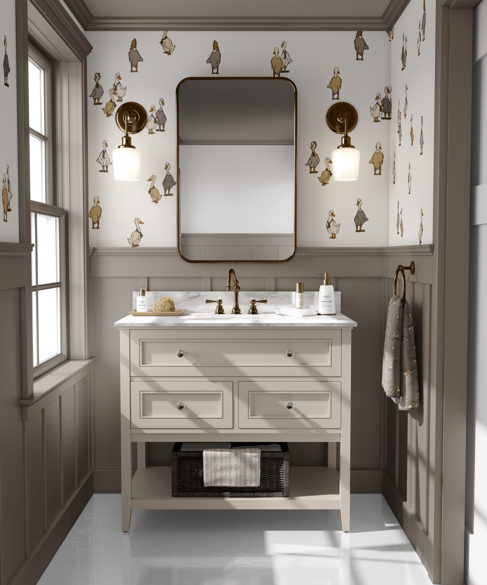 A beautifully styled bathroom with Duck Duck Goose wall decals scattered above beadboard wainscoting. The playful ducks and geese bring a delightful, vintage-inspired character to the neutral-toned space