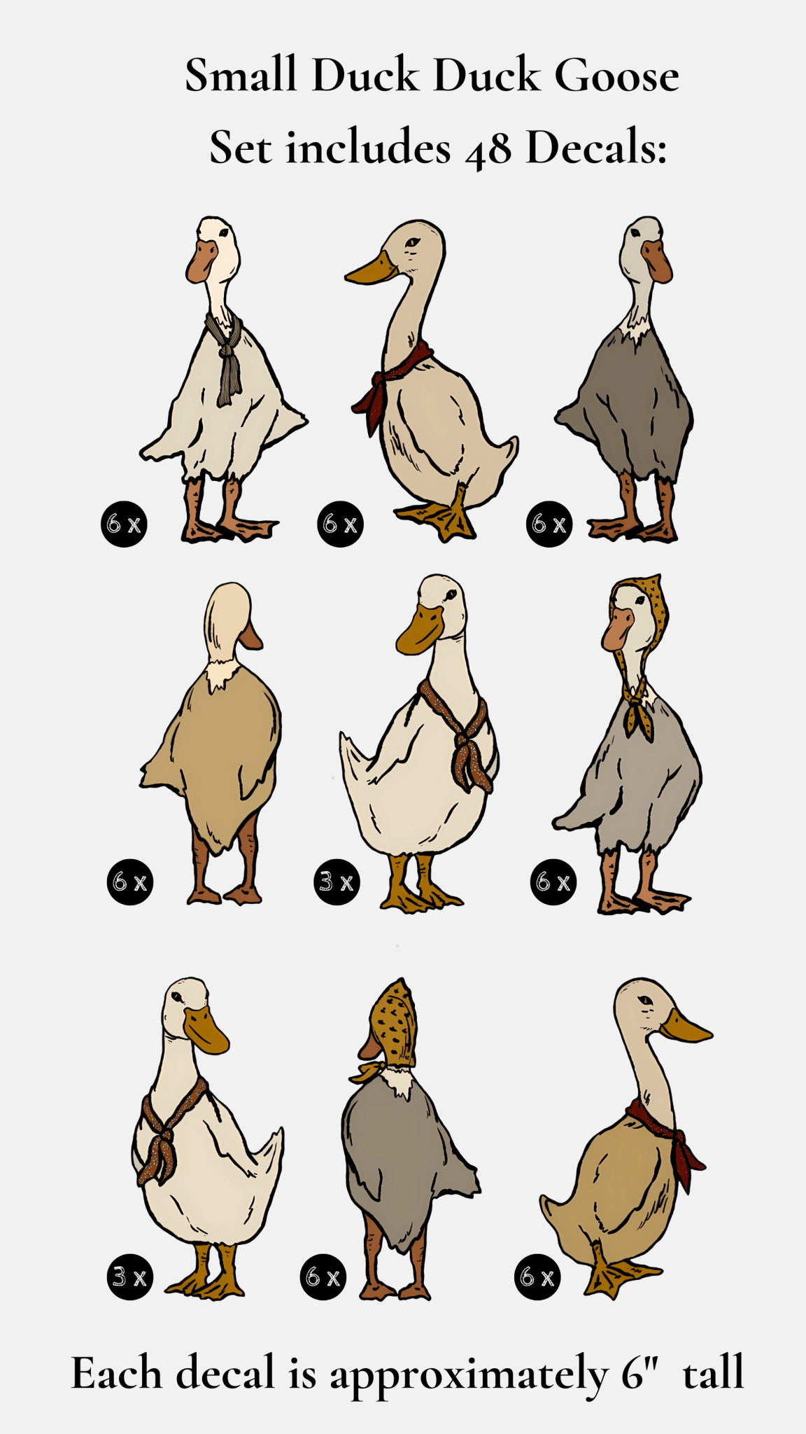 Small Duck Duck Goose decal set, includes 48 removable wall stickers featuring charming ducks and geese in scarves and bonnets. Each decal measures approximately 6 inches tall, perfect for adding a whimsical touch to any room