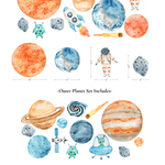 Detailed view of space-themed wall decals, showcasing colorful and playful illustrations of planets, rockets, and space creatures, perfect for a kid's room