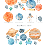 Detailed view of space-themed wall decals, showcasing colorful and playful illustrations of planets, rockets, and space creatures, perfect for a kid's room