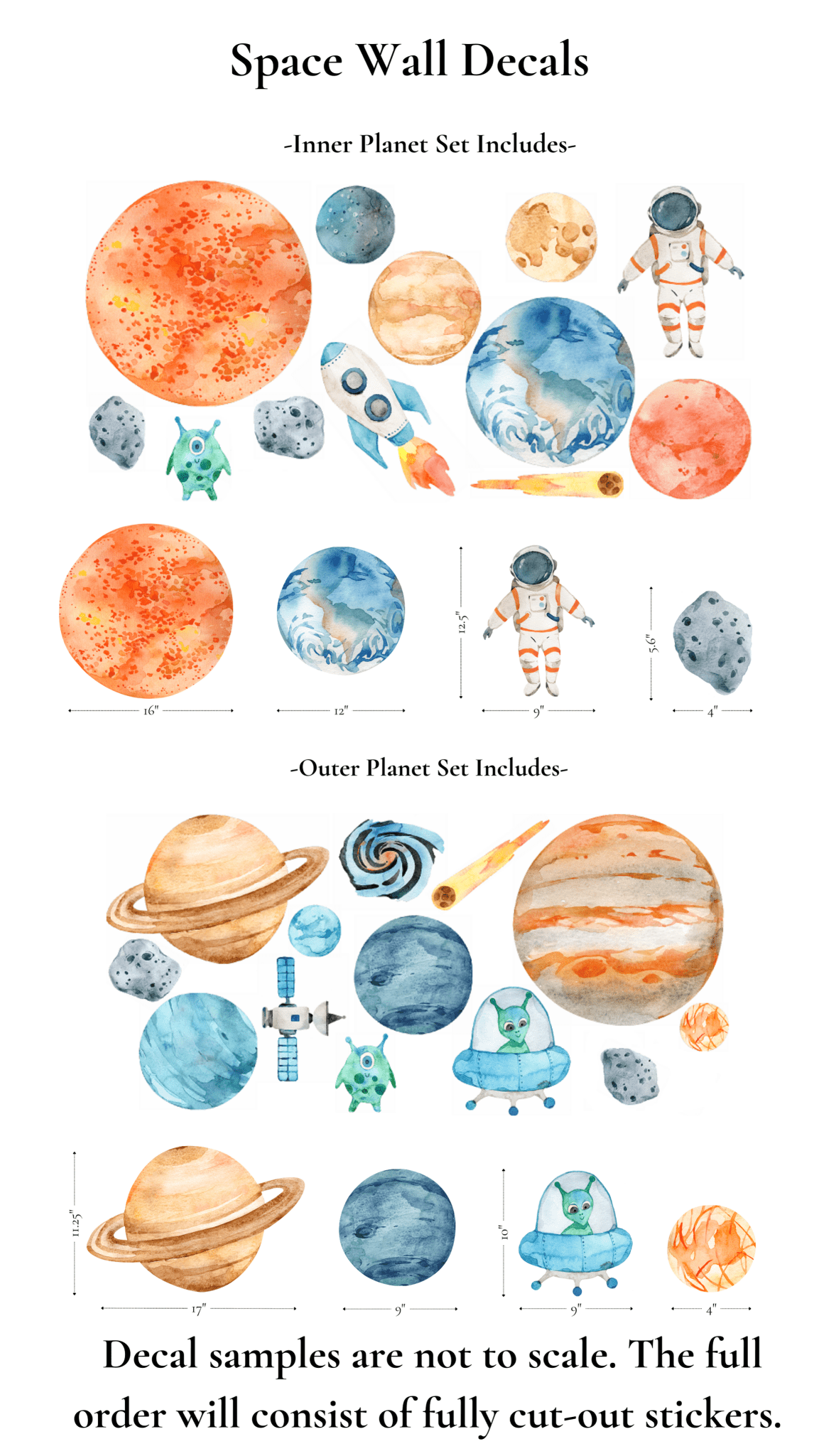 Detailed view of space-themed wall decals, showcasing colorful and playful illustrations of planets, rockets, and space creatures, perfect for a kid's room