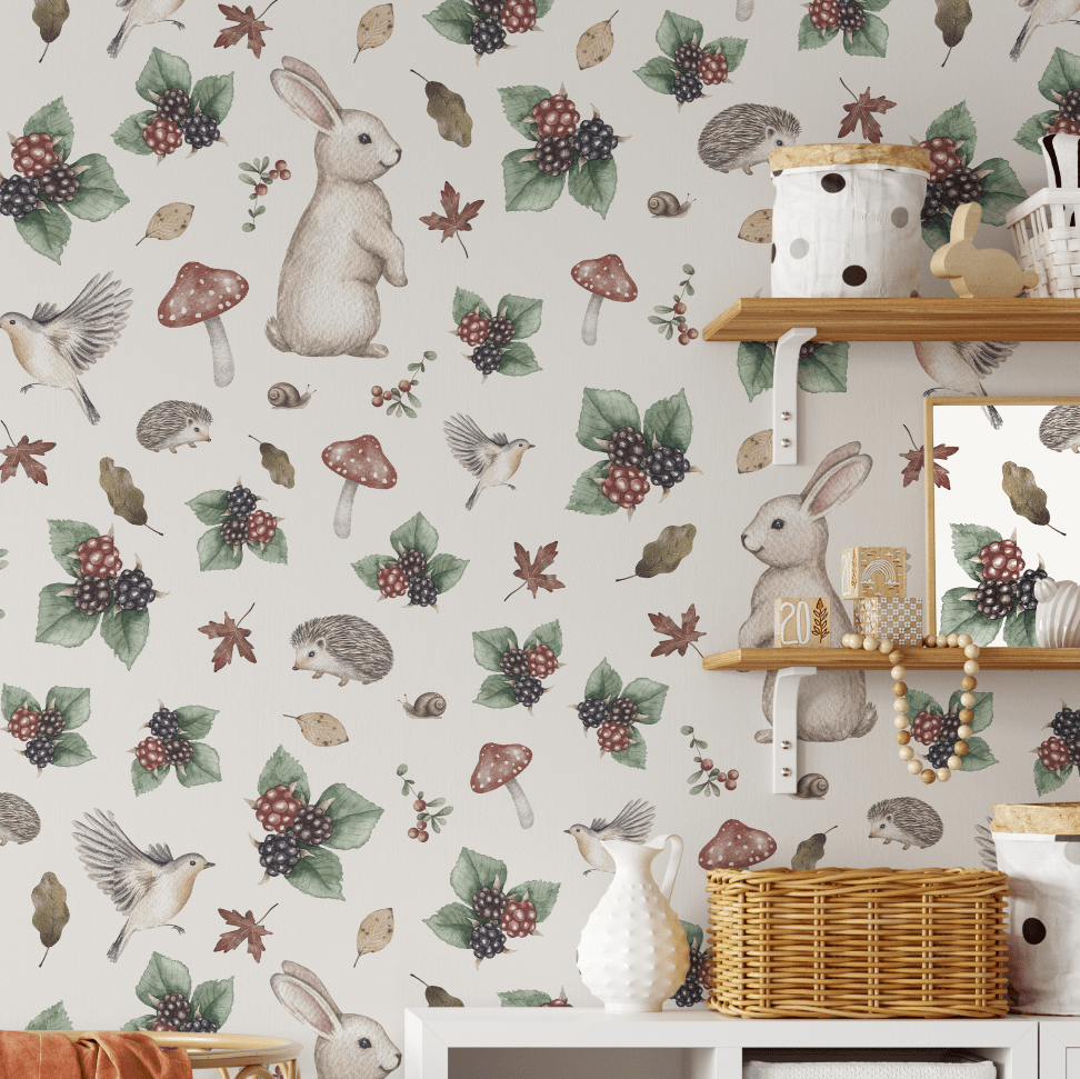 Storybook-style wallpaper with bunnies, blackberries, and mushrooms for a charming vintage-inspired accent wall.