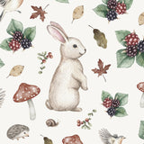 Close-up of bunny, blackberry, mushroom, and bird illustrations on storybook wallpaper