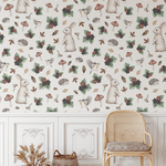 Storybook-themed wallpaper with whimsical bunny and blackberry design displayed in a rustic living room with natural decor.