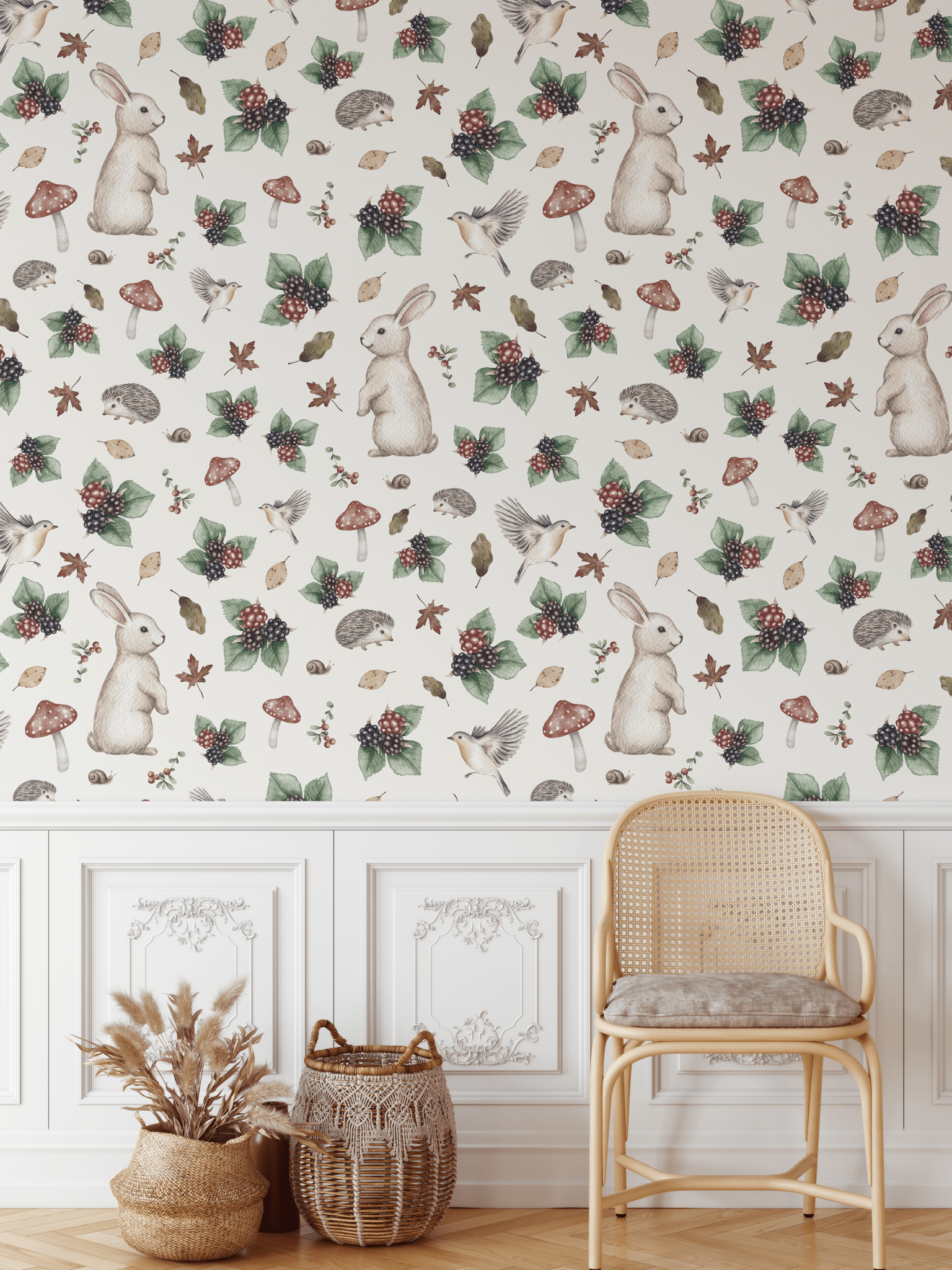 Storybook-themed wallpaper with whimsical bunny and blackberry design displayed in a rustic living room with natural decor.