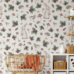 Whimsical storybook bunny wallpaper in a playful children’s playroom with books and toys