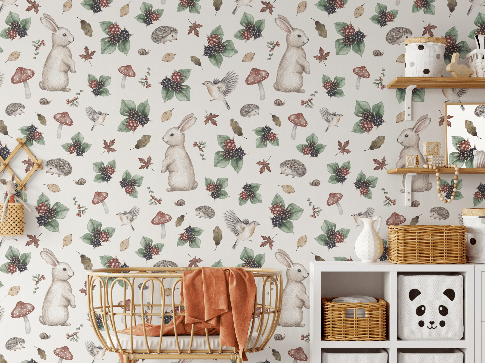 Whimsical storybook bunny wallpaper in a playful children’s playroom with books and toys