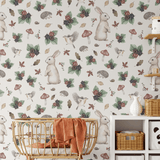 Whimsical storybook bunny wallpaper in a playful children’s playroom with books and toys