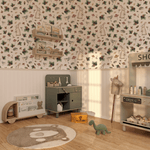 Storybook wallpaper featuring bunnies, blackberries, and woodland elements in a cozy countryside-inspired nursery.