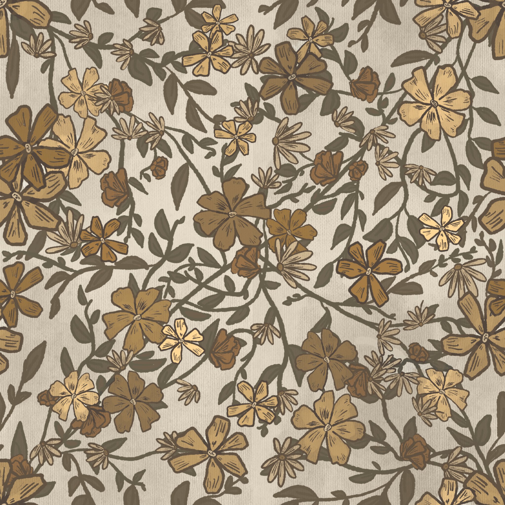 A close-up of a floral pattern wallpaper with a beige background, featuring stylized flowers in shades of brown and olive green, with a seamless, dense design that gives a vintage look.