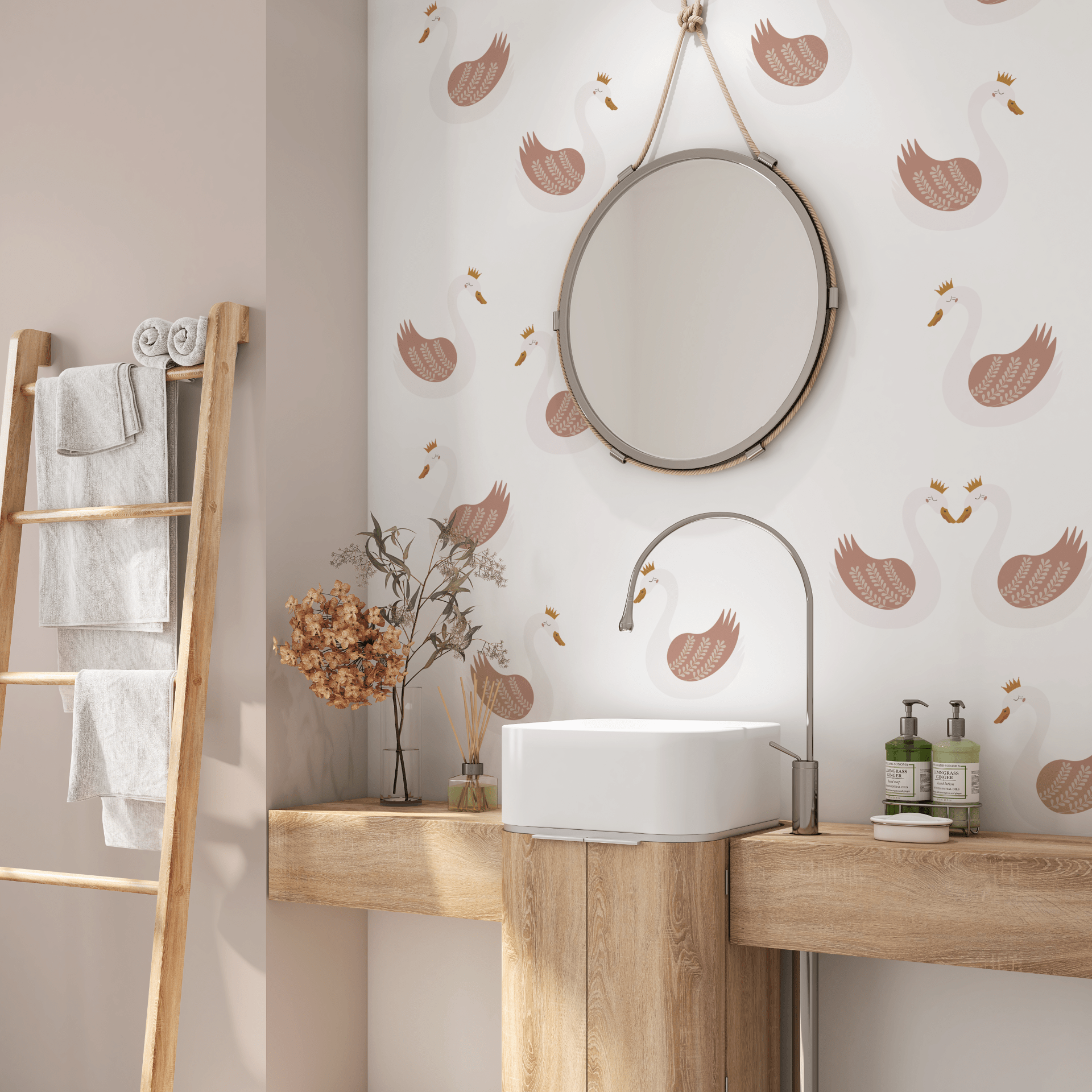 Bathroom with minimalist Swan Princess wall decals in soft pink tones, featuring a round mirror and natural wooden counter decor.