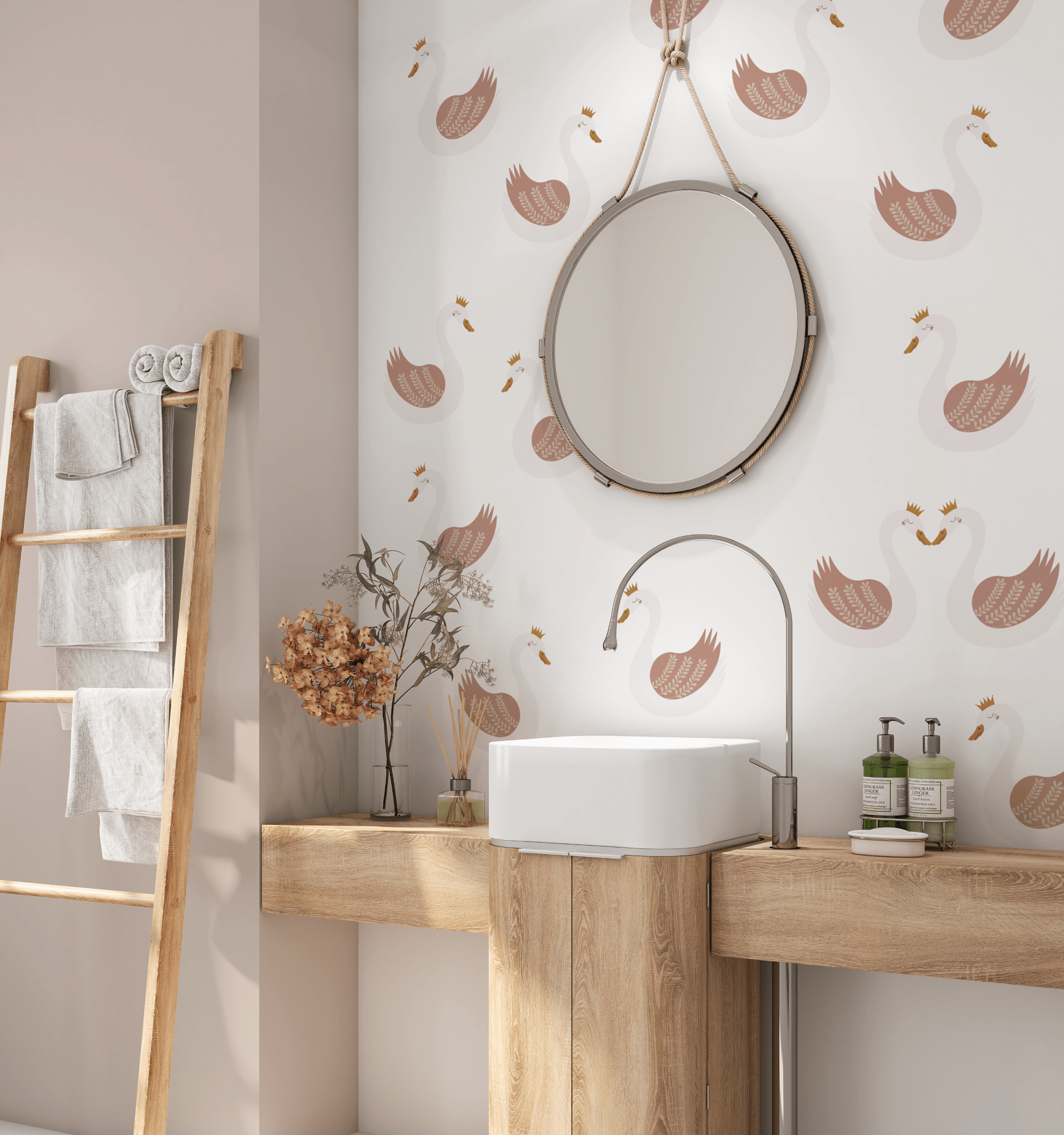 Bathroom with minimalist Swan Princess wall decals in soft pink tones, featuring a round mirror and natural wooden counter decor.