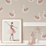 Ballerina-themed girls' room with Swan Princess decals on a beige wall, paired with pastel decor and shelf styling.