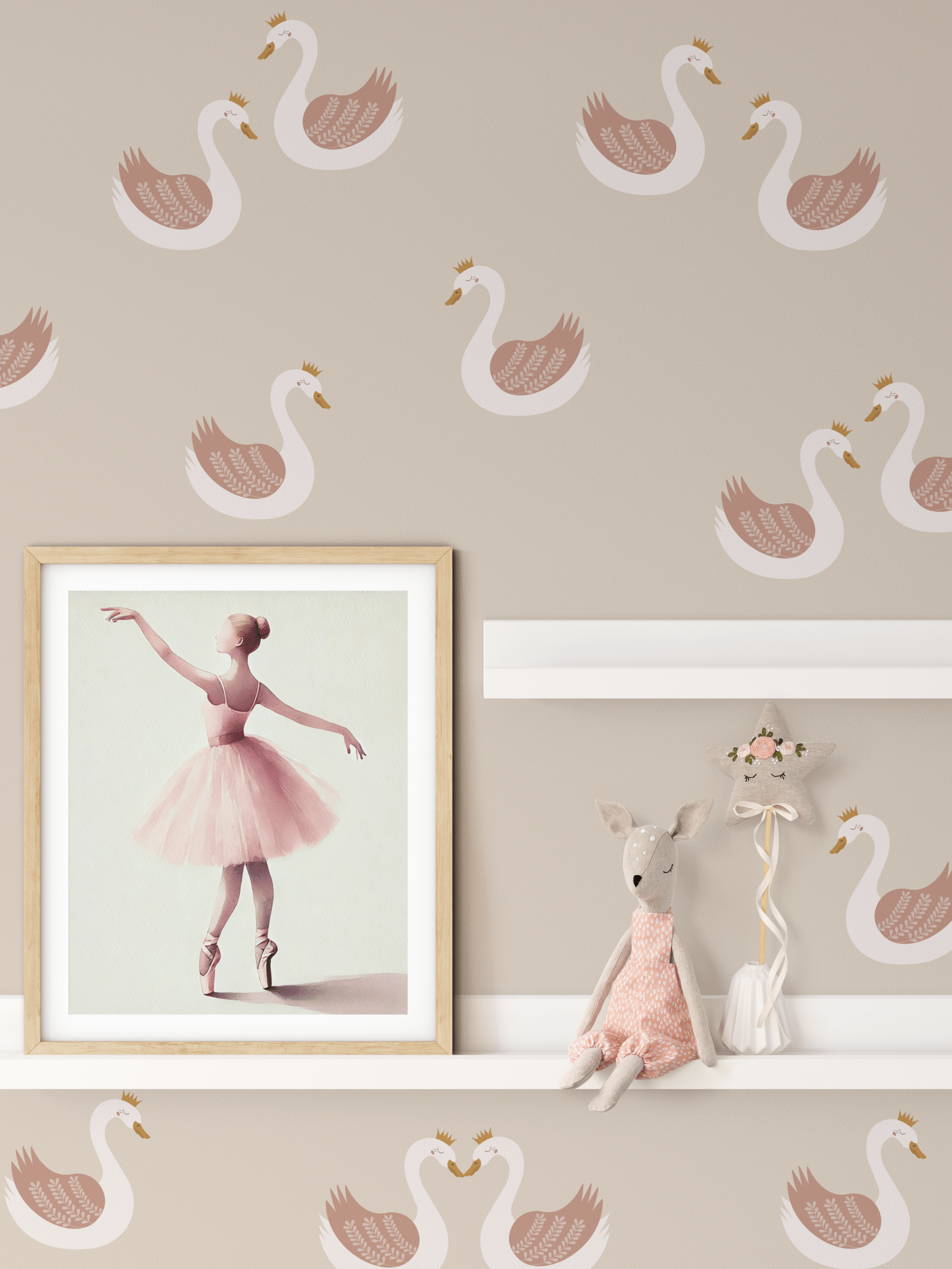 Ballerina-themed girls' room with Swan Princess decals on a beige wall, paired with pastel decor and shelf styling.