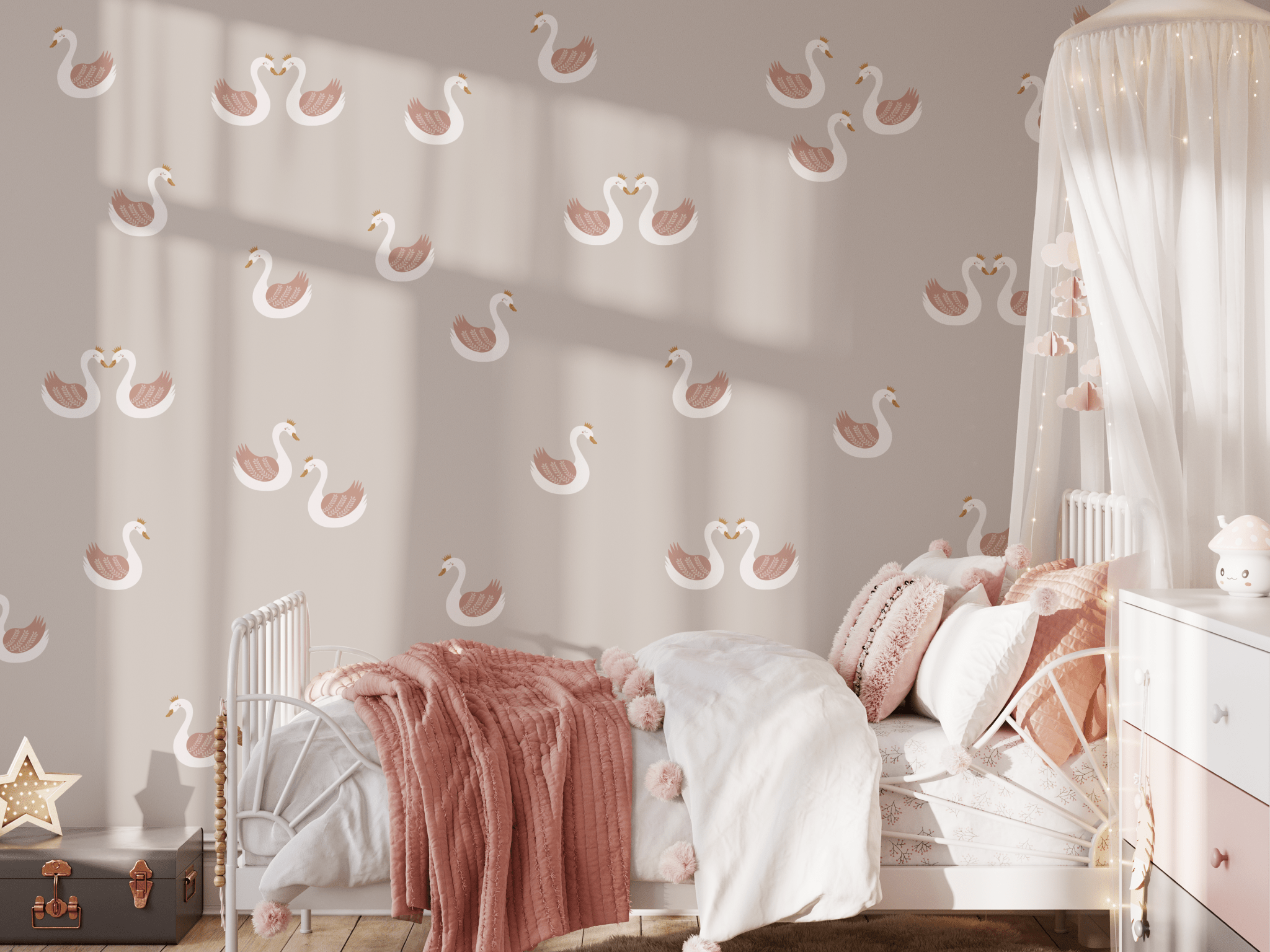 Girls' bedroom with Swan Princess wall decals, soft pink bedding, and whimsical decor, creating a dreamy and elegant atmosphere