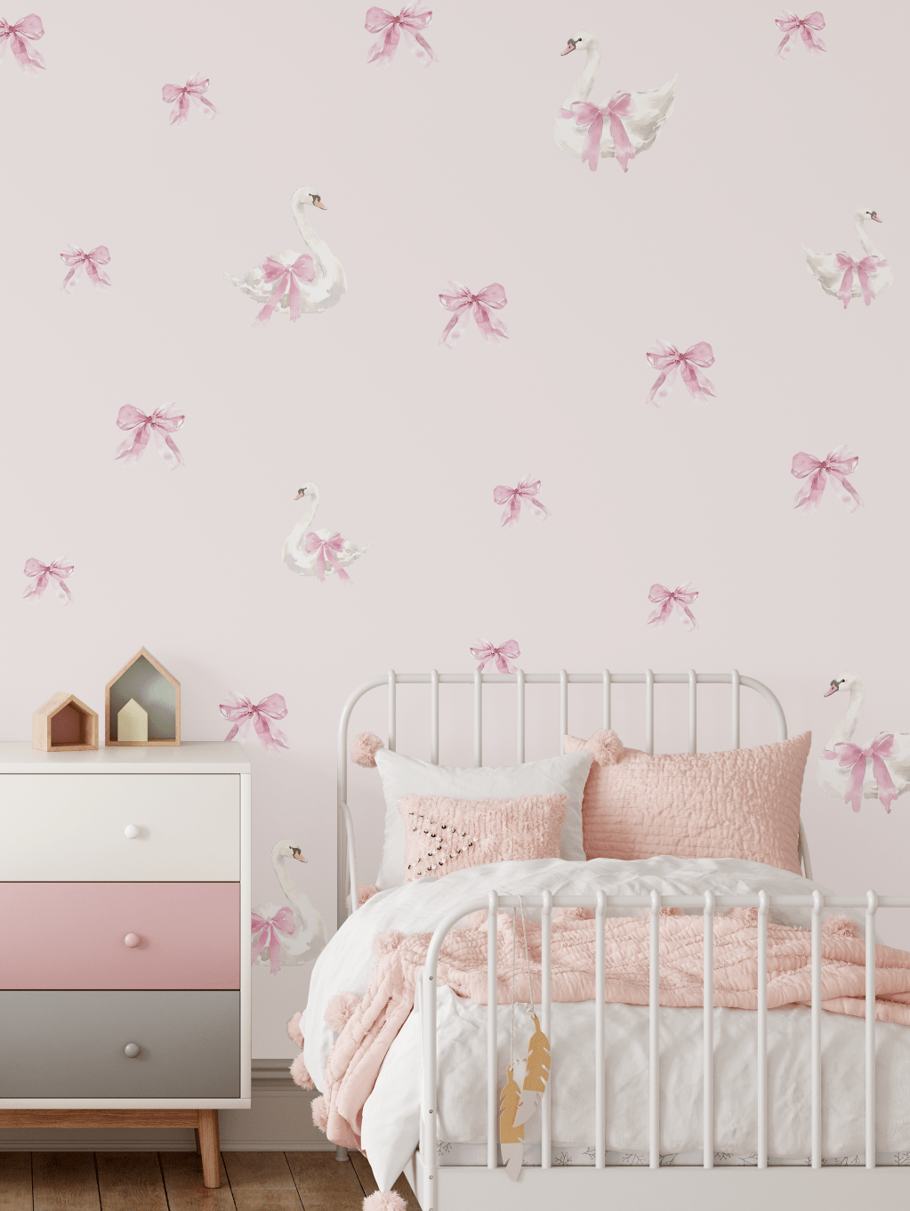 Swan and bow decals styled in a girly bedroom, featuring a soft pink and white theme with a cozy bed and elegant decor.