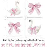 Product dimensions of swan and bow decals, showing size details for each individual sticker in the set.