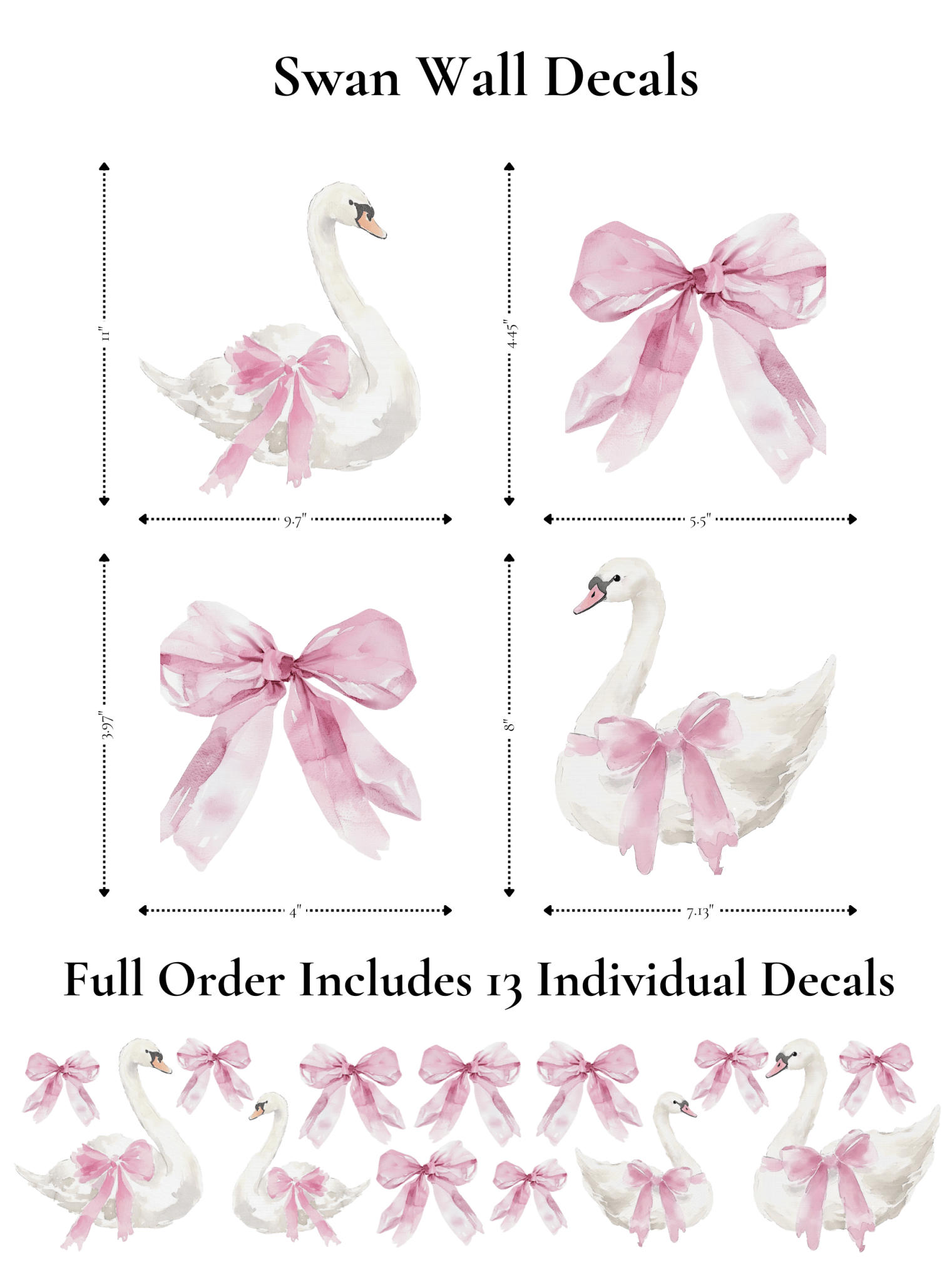 Product dimensions of swan and bow decals, showing size details for each individual sticker in the set.