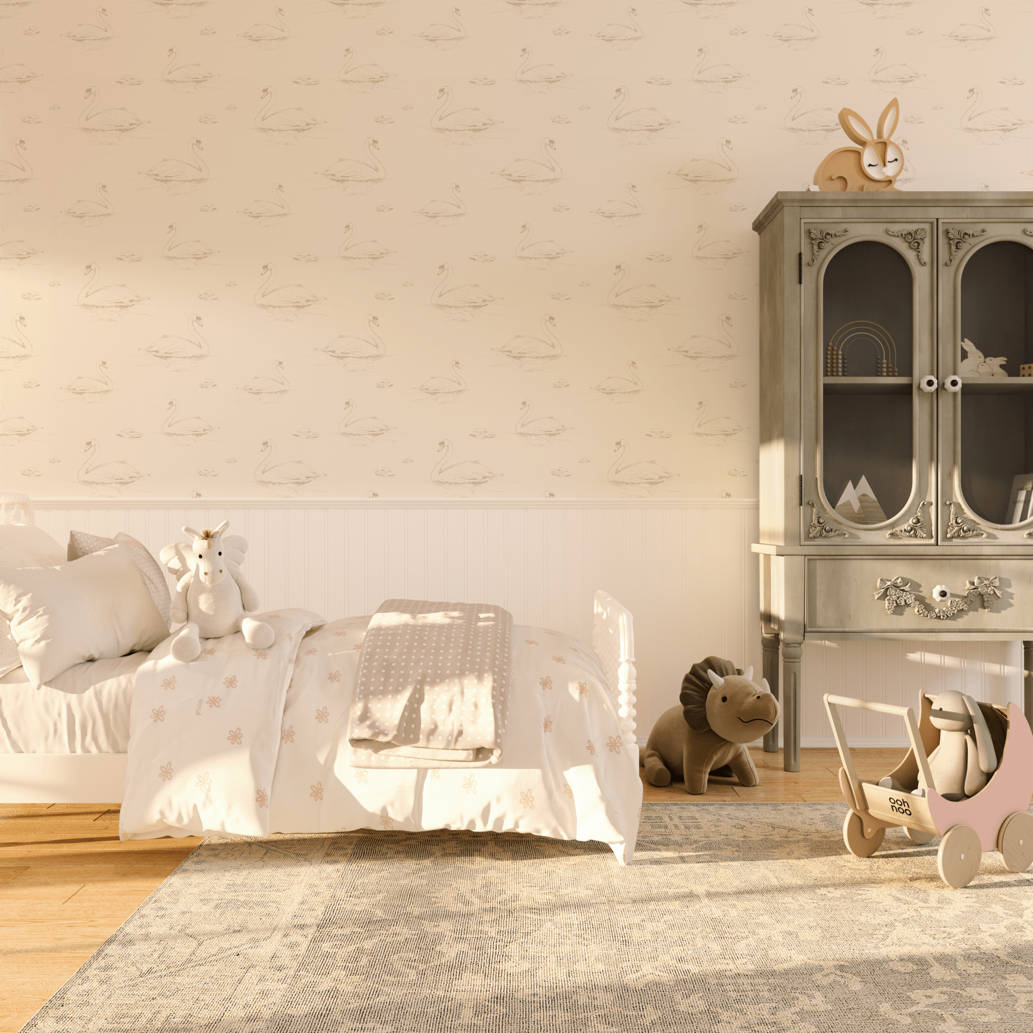 A cozy kids' room with swan wallpaper in beige, showcasing a bed with soft linens, a vintage cabinet, and plush toys, creating a warm and inviting atmosphere