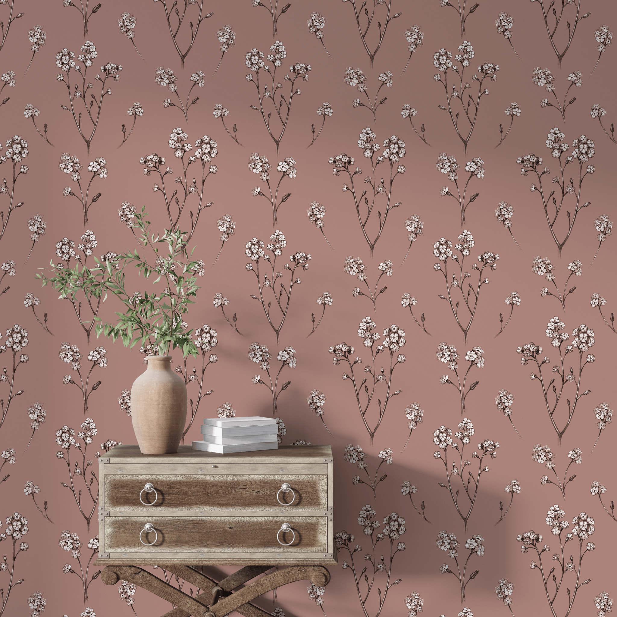 An elegant boho terracotta-colored wallpaper with a thornhill floral pattern in a room setting with decor.
