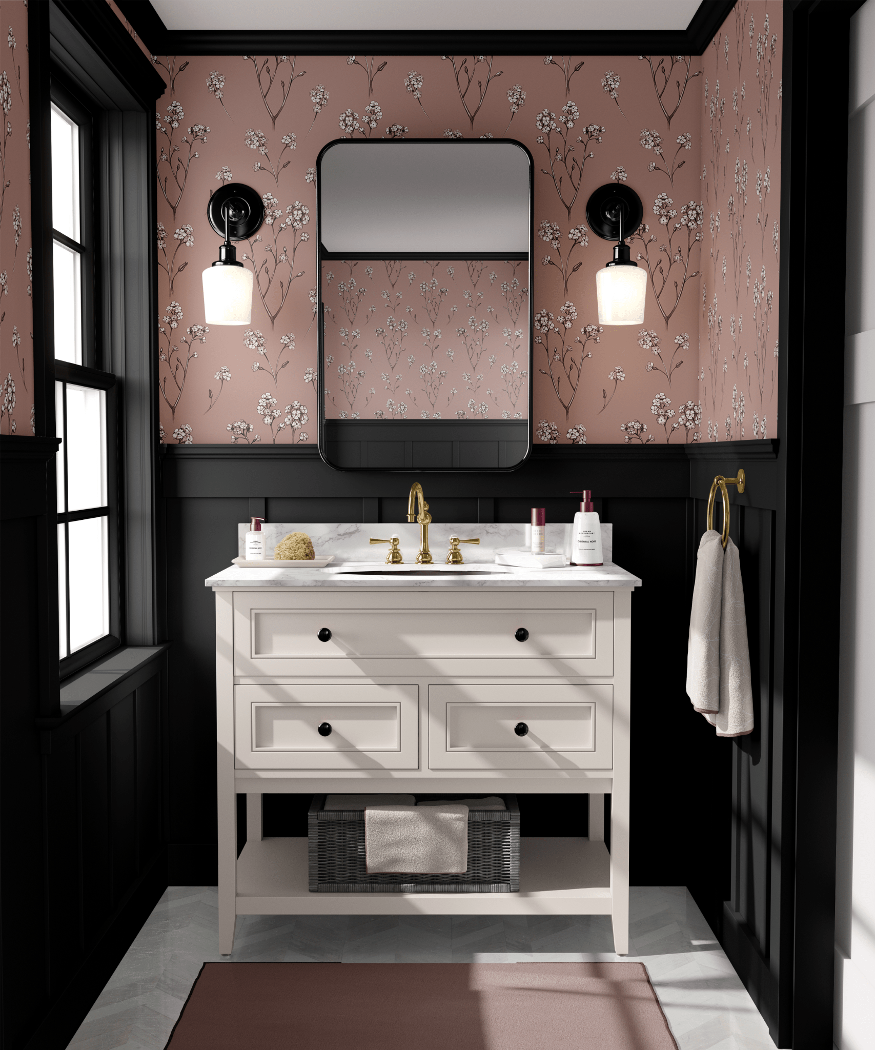 A chic bathroom interior featuring terracotta thornhill floral wallpaper that complements the dark trim and white furnishings.