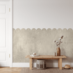 A warm beige limewash scallop border creating a rustic yet modern bedroom aesthetic with natural textures.