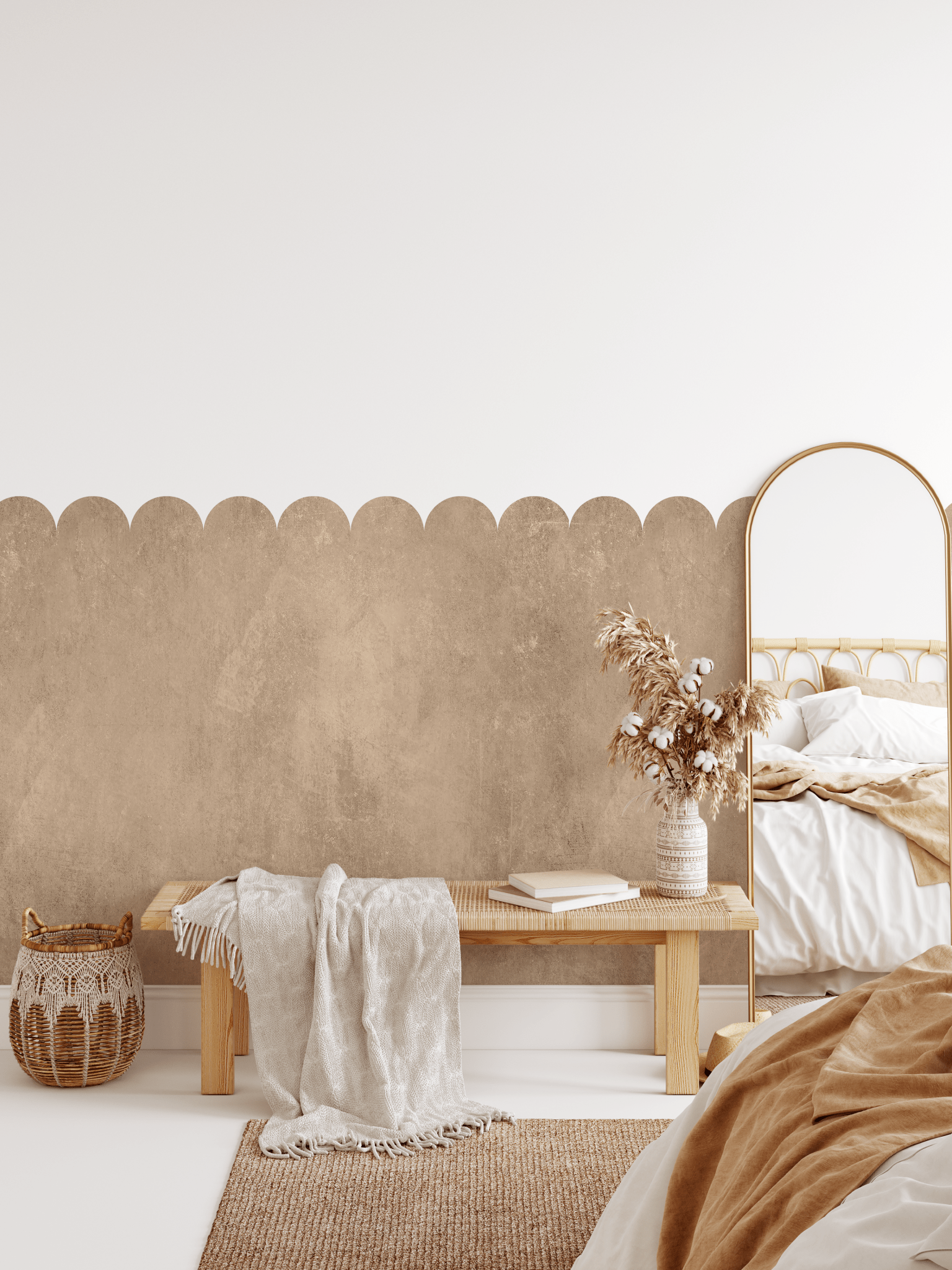 A neutral-toned textured limewash scallop decal applied to a minimalist entryway wall, complementing a wooden bench and cotton stems.