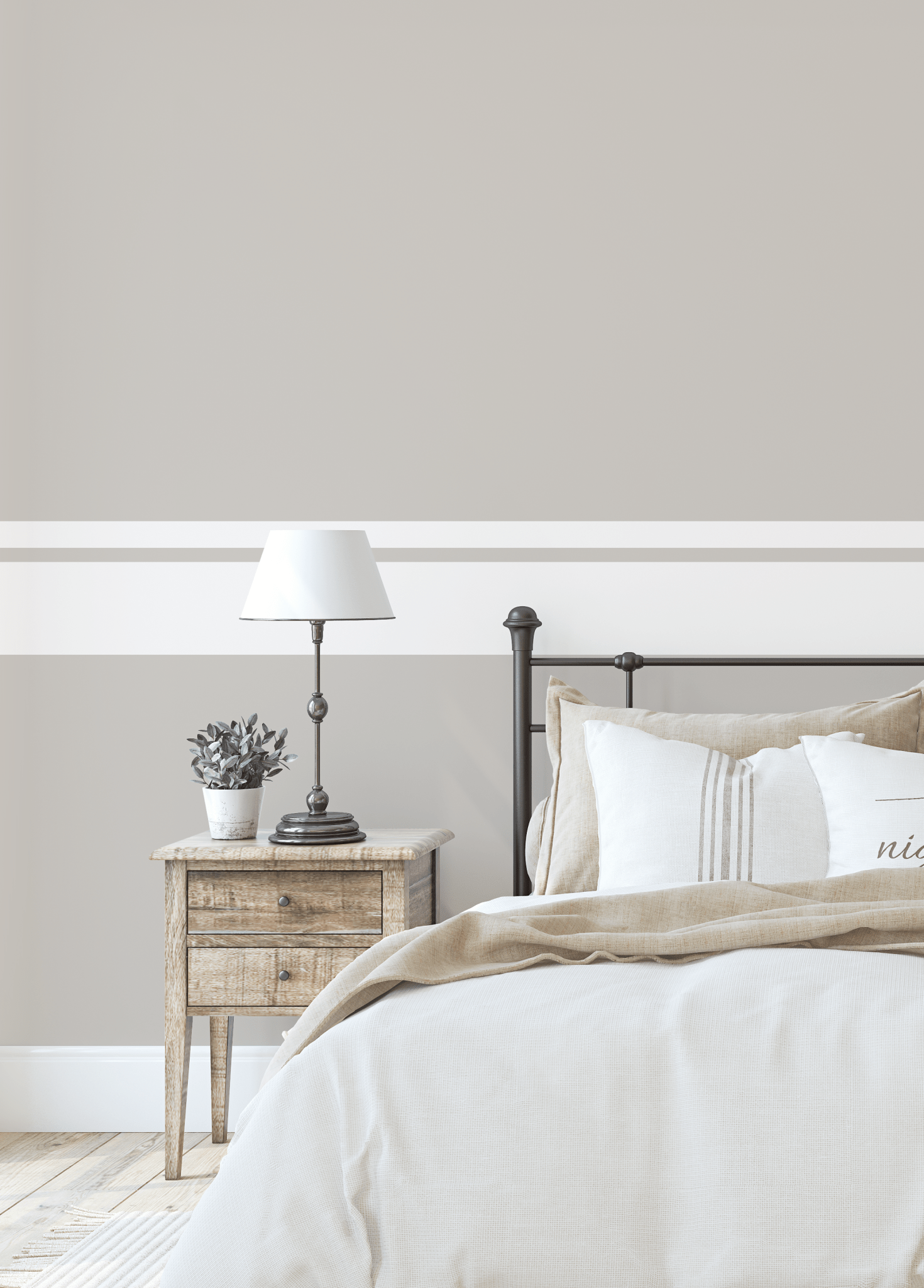 Cozy bedroom scene with beige walls and customizable thick and thin stripe wall decals above the headboard.