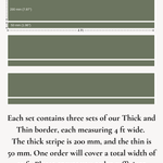 Detailed measurement chart for thick and thin stripe wall decals, showing sizes and coverage area.
