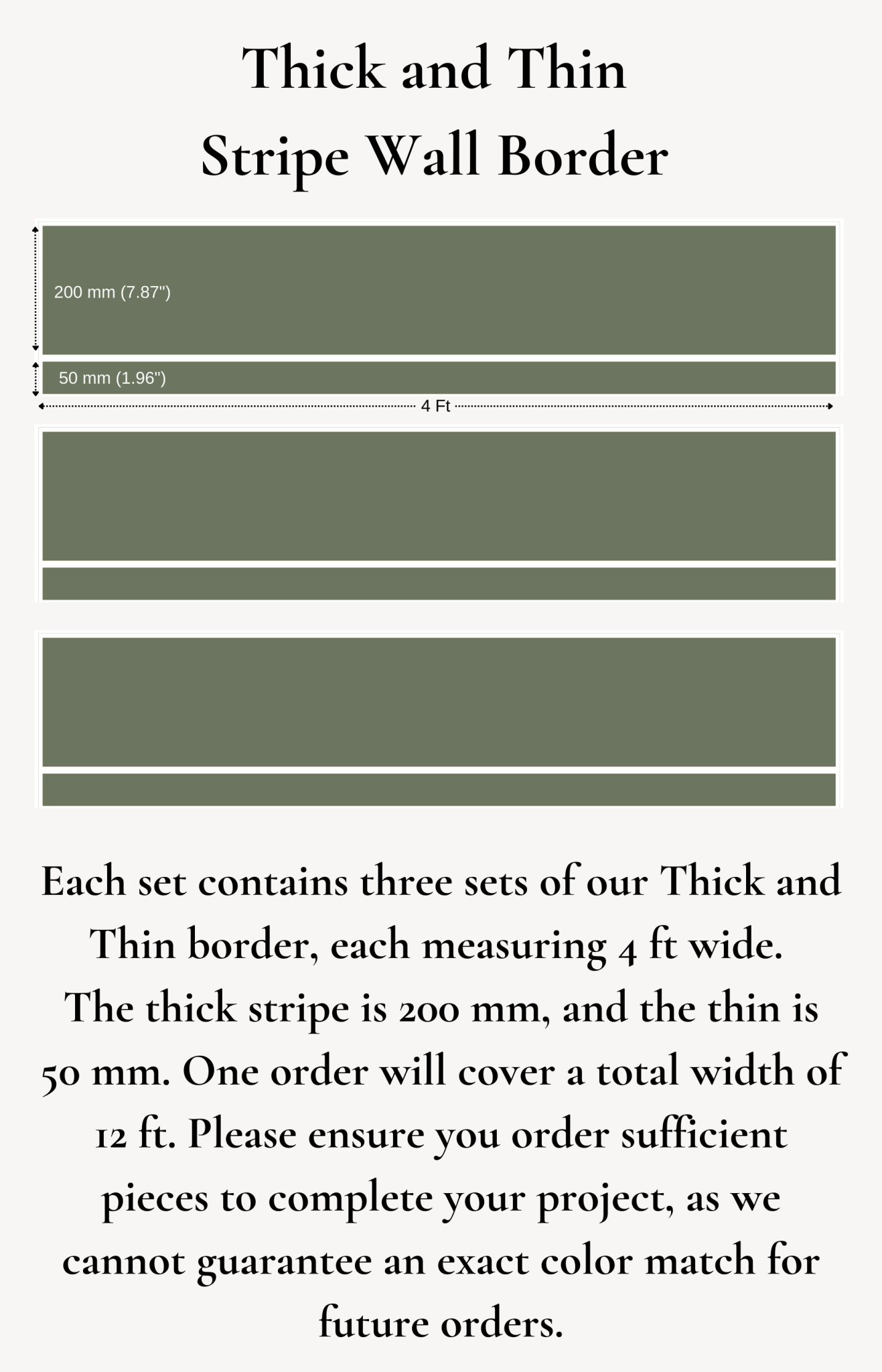 Detailed measurement chart for thick and thin stripe wall decals, showing sizes and coverage area.
