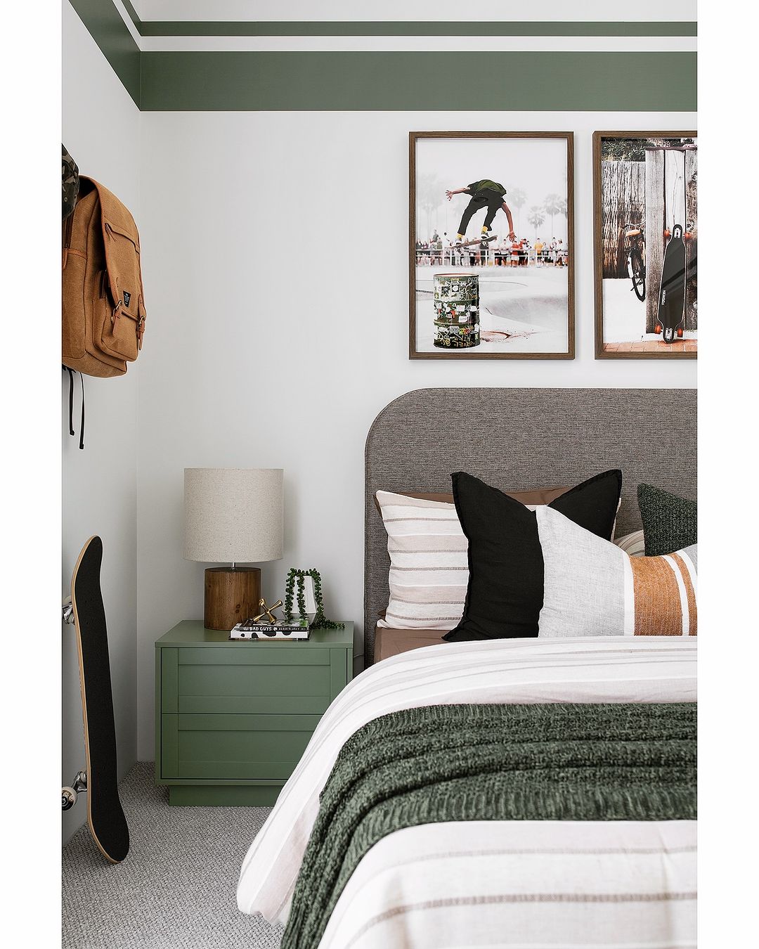 modern bedroom decor with green thick and thin stripe wall decals for a chic, minimalistic touch.
