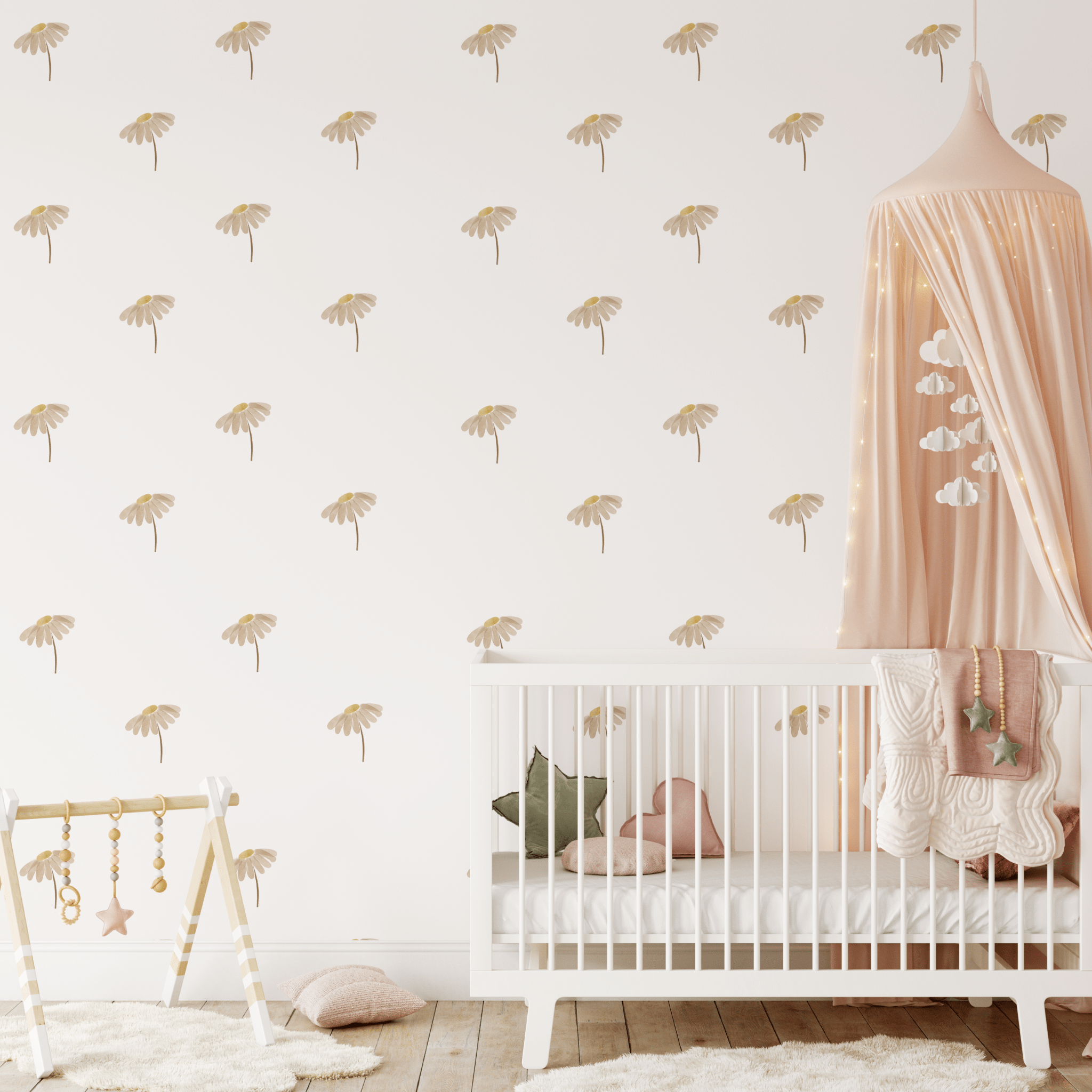 Tiny Floral Wall Decals applied in a nursery above a crib with boho decor