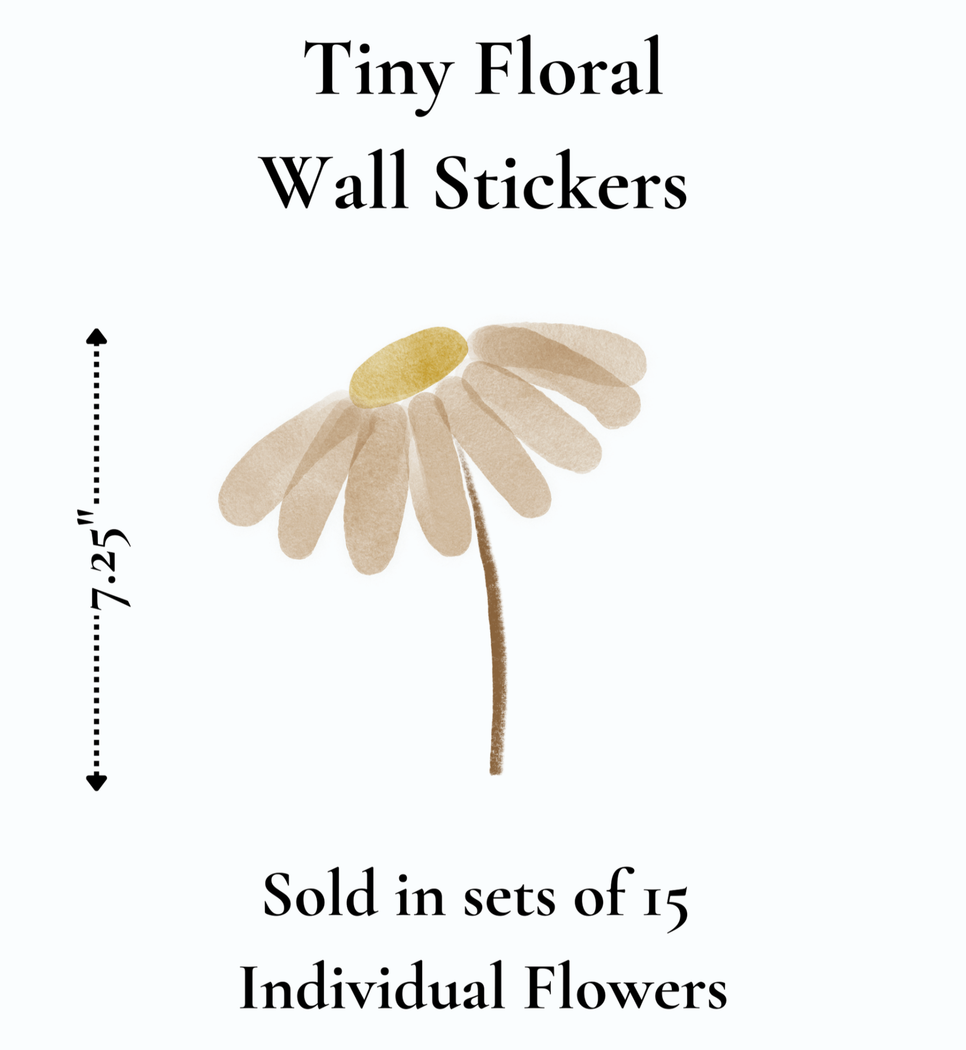 Single Tiny Floral Daisy Wall Sticker, labeled 7.25 inches, part of a set of 15 decals