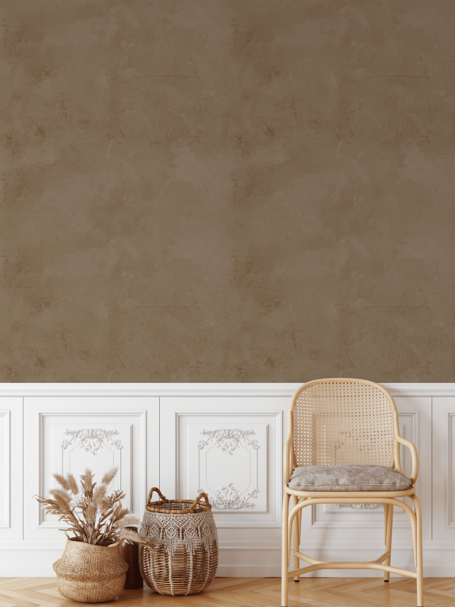 Rustic room featuring Brown Tuscany Limewash Wallpaper and white wainscoting