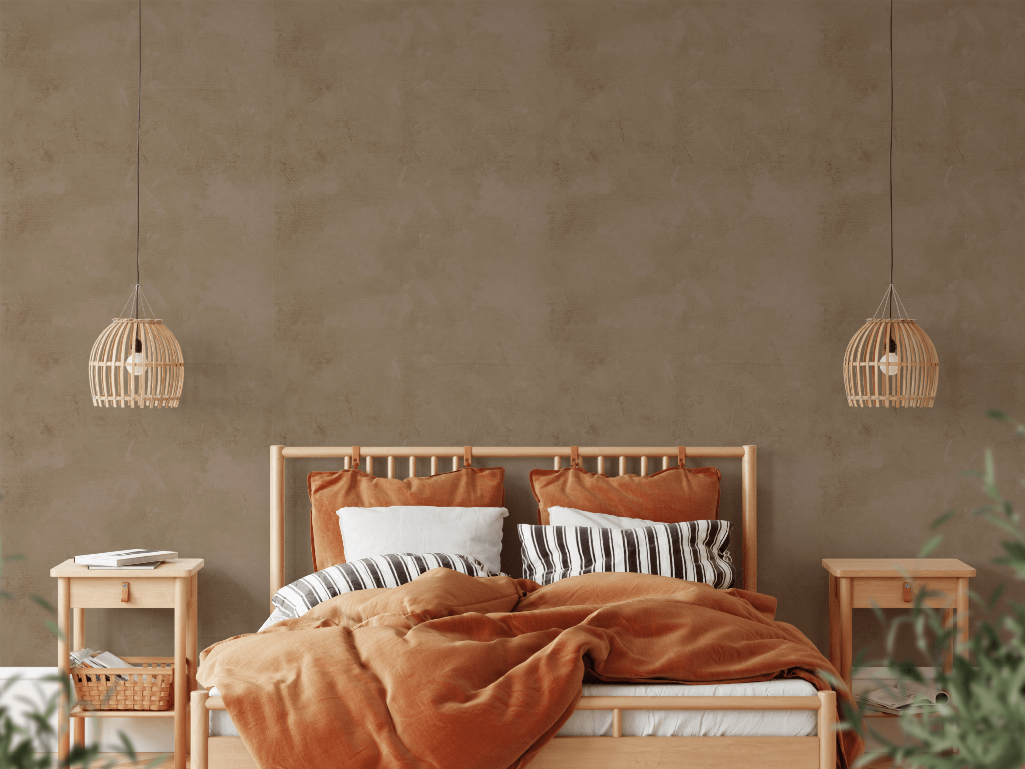 Warm and cozy bedroom with boho-style decor and Brown Tuscany Limewash Wallpaper